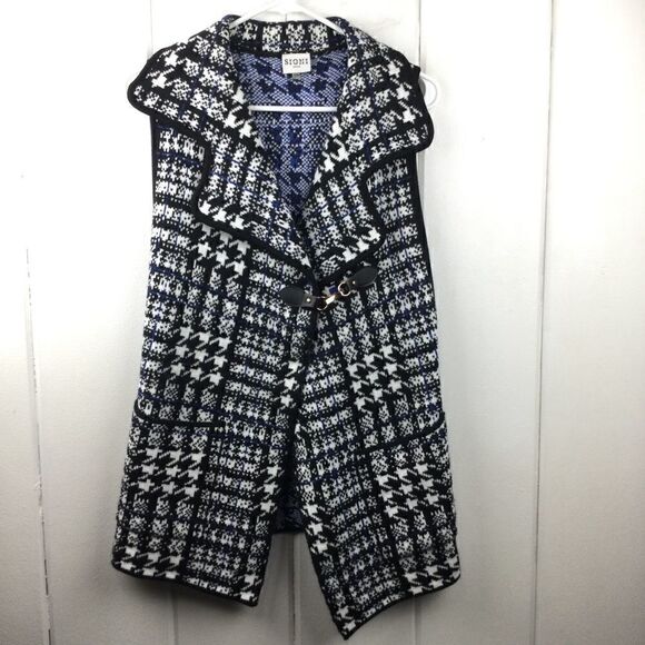 Sioni Houndstooth Knit Vest, White Blue Black Sweater - Small/Medium Petite - Picture 1 of 11